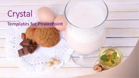  Presentation with wooden board empty table top - Audience pleasing slide set consisting of oil canada - eggnog with cookies on wooden backdrop and a  colored foreground