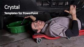  Presentation with auto - Audience pleasing presentation design consisting of oil change - auto mechanic working backdrop and a dark gray colored foreground