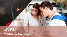  Presentation with mechanic shop - Presentation theme enhanced with oil change - woman talking to a car background and a coral colored foreground