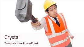  Presentation with construction worker harassment workplace - Beautiful slide set featuring oil compny safety - construction worker with hammer isolated backdrop and a  colored foreground