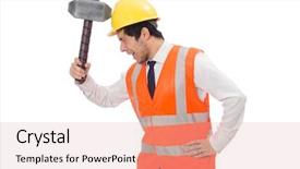  Presentation with safety construction worker in construction - Slide set enhanced with oil compny safety - construction worker with hammer isolated background and a  colored foreground