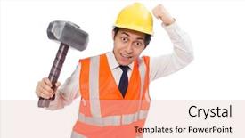 Presentation with construction worker harassment workplace - Amazing PPT layouts having oil compny safety - construction worker with hammer isolated backdrop and a  colored foreground