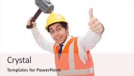  Presentation with construction - Colorful PPT layouts enhanced with oil compny safety - construction worker with hammer isolated backdrop and a  colored foreground