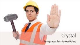  Presentation with safety construction worker in construction - Slide set consisting of oil compny safety - construction worker with hammer isolated background and a  colored foreground
