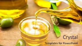  Presentation with olive oil bottle - Audience pleasing slide deck consisting of oil dieting concept healthy food backdrop and a yellow colored foreground