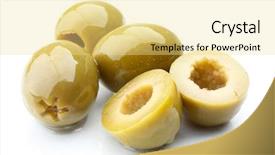  Presentation with food white - Beautiful slide deck featuring oil food - green olives isolated on white backdrop and a blonde colored foreground