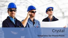  Presentation with work - Colorful slide set enhanced with oil gas - group of engineers at work backdrop and a teal colored foreground