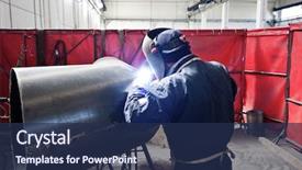  Presentation with work - Beautiful PPT theme featuring oil gas - portrait of a welder backdrop and a navy blue colored foreground