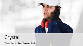  Presentation with oil gas services - Presentation design enhanced with oil gas services - portrait of an engineer talking background and a white colored foreground