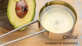  Presentation with avocado - Amazing PPT layouts having oil in a metal measuring backdrop and a coral colored foreground