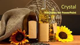  Presentation with oil seeds - Slide deck featuring oil in bottles sunflowers and seeds on wooden table on brown background background and a tawny brown colored foreground