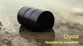  Presentation with pollution - PPT theme featuring oil leak - big black barrel on beach background and a  colored foreground