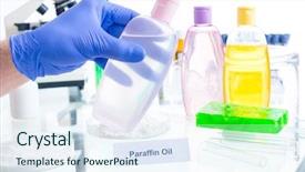  Presentation with laboratory chemical - PPT layouts with paraffin oil noxious additives background and a sky blue colored foreground