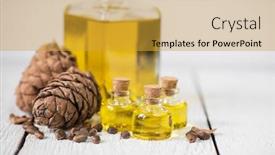  Presentation with cedar - PPT theme consisting of three olive oils bottles - oil of cedar nuts background and a gold colored foreground