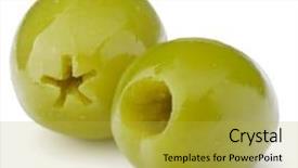  Presentation with white green - Colorful presentation design enhanced with oil oliva - green olives fruits isolated backdrop and a  colored foreground