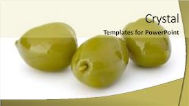  Presentation with white green - PPT theme featuring oil oliva - green olives fruits isolated background and a blonde colored foreground