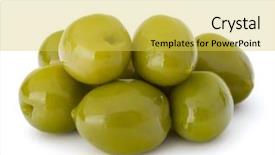  Presentation with white green - Slide set consisting of oil oliva - green olives fruits isolated background and a  colored foreground
