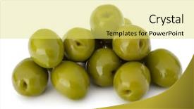  Presentation with white green - Amazing slide set having oil oliva - green olives fruits isolated backdrop and a  colored foreground