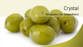  Presentation with white green - Slide set consisting of oil oliva - green olives fruits isolated background and a  colored foreground
