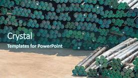  Presentation with pipes - PPT theme featuring oil platform - warehouse of new pipes background and a ocean colored foreground