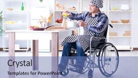  Presentation with man watching woman preparing vegetables - Theme with oil recovery - disabled man preparing soup background and a  colored foreground