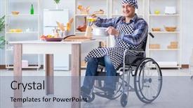 Presentation with man watching woman preparing vegetables - PPT layouts having oil recovery - disabled man preparing soup background and a  colored foreground