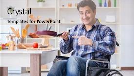  Presentation with electrical disabled vehicles - Theme enhanced with oil recovery - disabled young husband frying background and a  colored foreground