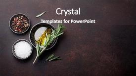  Presentation with cooking oil - PPT theme consisting of oil stone - cooking table with herbs background and a dark gray colored foreground