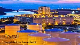  Presentation with oil tanks - PPT theme featuring oil tanks at night background and a gold colored foreground