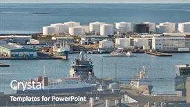  Presentation with industrial textile industry yarn spools - PPT theme with marine industry - industrial dock area of reykjavik background and a gray colored foreground