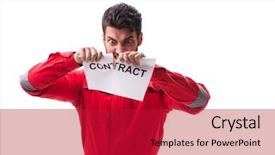  Presentation with frames isolated on white brown - Colorful presentation theme enhanced with contract oil - man in coveralls with message backdrop and a  colored foreground