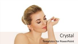  Presentation with wrist bones - PPT theme featuring oil test - young woman smelling perfume background and a coral colored foreground