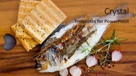  Presentation with grilled - PPT layouts featuring oily bread - fish - grilled sea bream background and a gold colored foreground