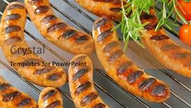  Presentation with grilling - Presentation theme with oily grilled sausages with vegetable on a grilling grid background and a gold colored foreground