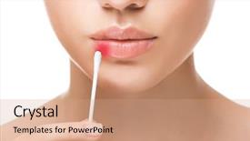  Presentation with herpes virus - PPT theme featuring ointment cream - young woman with cotton swab background and a coral colored foreground