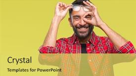  Presentation with eye glasses looking at world - Slides consisting of ok - adult hispanic man wearing glasses background and a yellow colored foreground