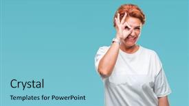  Presentation with eye glasses looking at world - Amazing PPT theme having ok - atrractive senior caucasian redhead woman backdrop and a light blue colored foreground