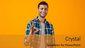  Presentation with cheerful - PPT theme featuring ok - cheerful young man wearing plaid background and a gold colored foreground