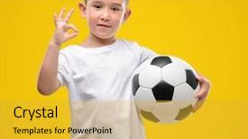  Presentation with soccer - Slide set enhanced with ok - dark haired little child playing background and a yellow colored foreground