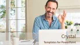  Presentation with free aging at home - Slide set having ok - middle age man using laptop background and a lemonade colored foreground