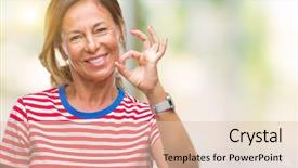  Presentation with fingers - Slide deck featuring ok - middle age senior hispanic woman background and a  colored foreground