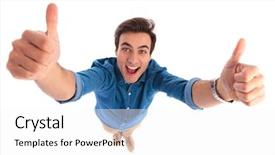  Presentation with super man - Slide deck consisting of ok - super excited young casual man background and a white colored foreground