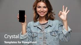  Presentation with smiling little girl - Audience pleasing presentation theme consisting of ok gesture isolated over gray backdrop and a gray colored foreground