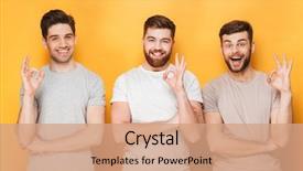  Presentation with three - Presentation design consisting of ok gesture isolated over yellow background and a coral colored foreground