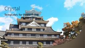  Presentation with japan castle - Slide deck with okayama-castle-ravens-castle-black background and a light blue colored foreground