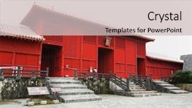  Presentation with japan castle - Slide deck consisting of okinowa japan - shuri castle surrounding building background and a soft green colored foreground