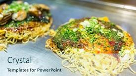  Presentation with chinese food chinese pancake - Cool new PPT theme with okonomiyaki - japanese savoury pancake containing backdrop and a  colored foreground
