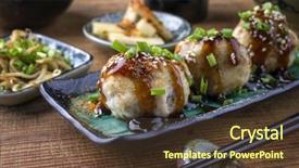  Presentation with sprouts and pulses - Amazing presentation design having okonomiyaki - takoyaki with sprouts and daikon backdrop and a tawny brown colored foreground