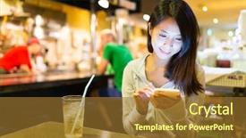  Presentation with sms - PPT theme featuring okonomiyaki - woman sending sms on cellphone background and a tawny brown colored foreground