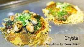  Presentation with japanese - Slide deck consisting of okonomiyaki japanese hot plate pizza background and a yellow colored foreground